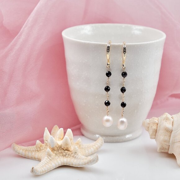 Pearl & Black Spinel Dangle Earrings, 14K Gold Filled Hammered French Hooks - Picture 7 of 9